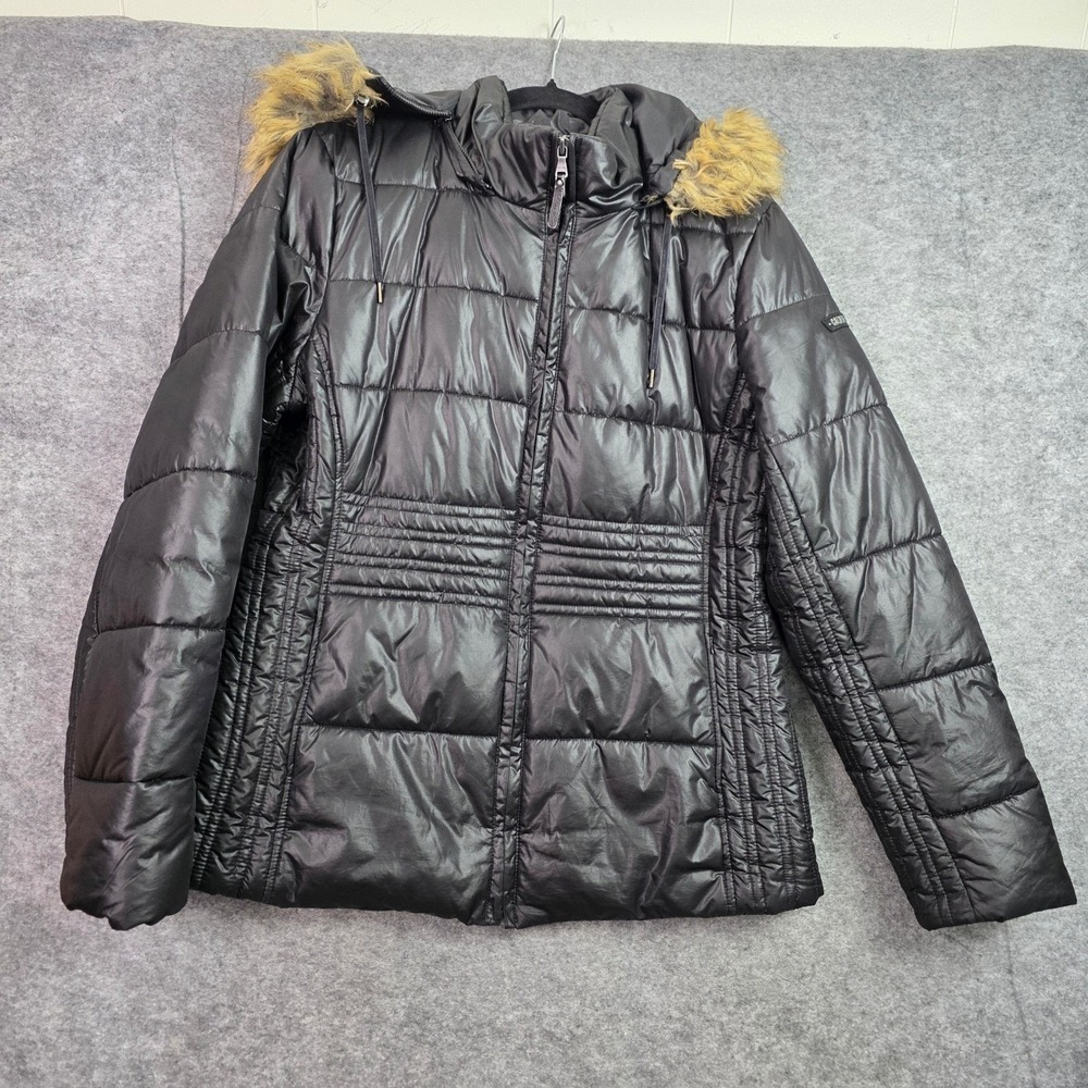 Calvin Klein Jeans Womens Black Quilted Puffer Jacket Faux Fur Hood Size Medium